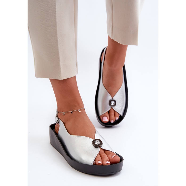 Leder-Damensandalen mit Keilabsatz und Plateau S.Barski KV27-020 Silber 2