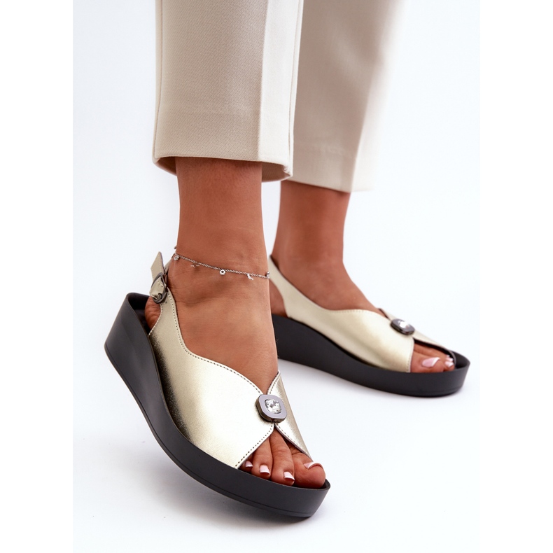 Leder-Damensandalen mit Keilabsatz und Plateau S.Barski KV27-020 Gold golden 2