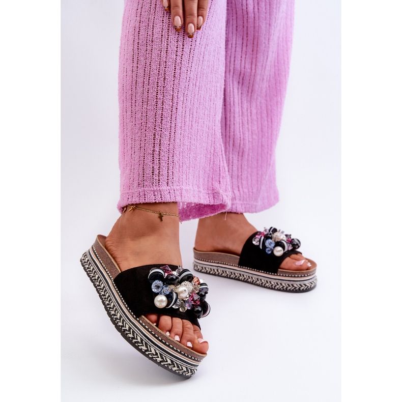 Damen-Flip-Flops auf der Plattform mit Dekorationen S.Barski HY077 Schwarz 2