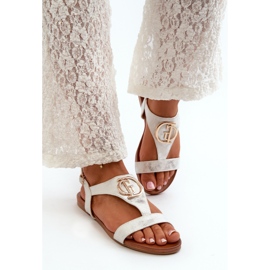 Flache Damensandalen mit Goldverzierung S.Barski KV27-051 Weiß und Silber 1