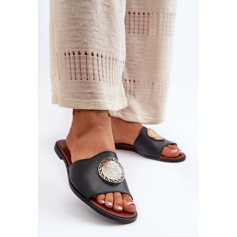 Zazoo 2938 Flache Leder-Flip-Flops mit Dekoration, Schwarz 2