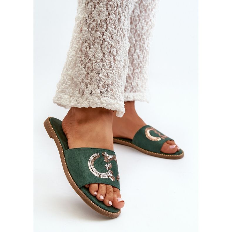 Flache Damen-Flip-Flops mit Pailletten S.Barski KV27-052 Grün 2