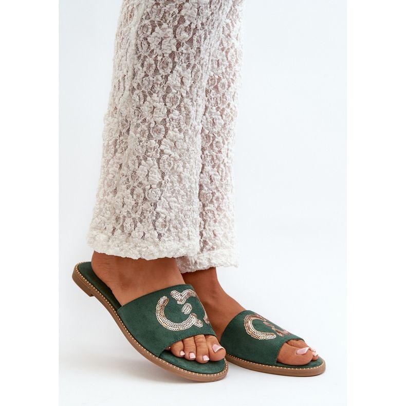 Flache Damen-Flip-Flops mit Pailletten S.Barski KV27-052 Grün 1