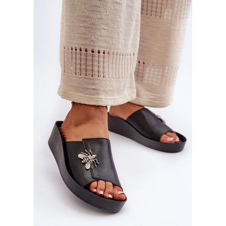 Elegante Damen-Flip-Flops mit Verzierung, Naturleder S.Barski KV27-015 Schwarz 2