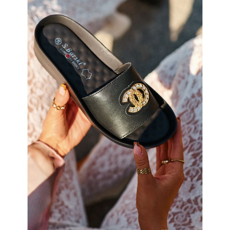 Elegante, leichte Damen-Flip-Flops mit Verzierung, Naturleder S.Barski KV27-013, schwarz 2