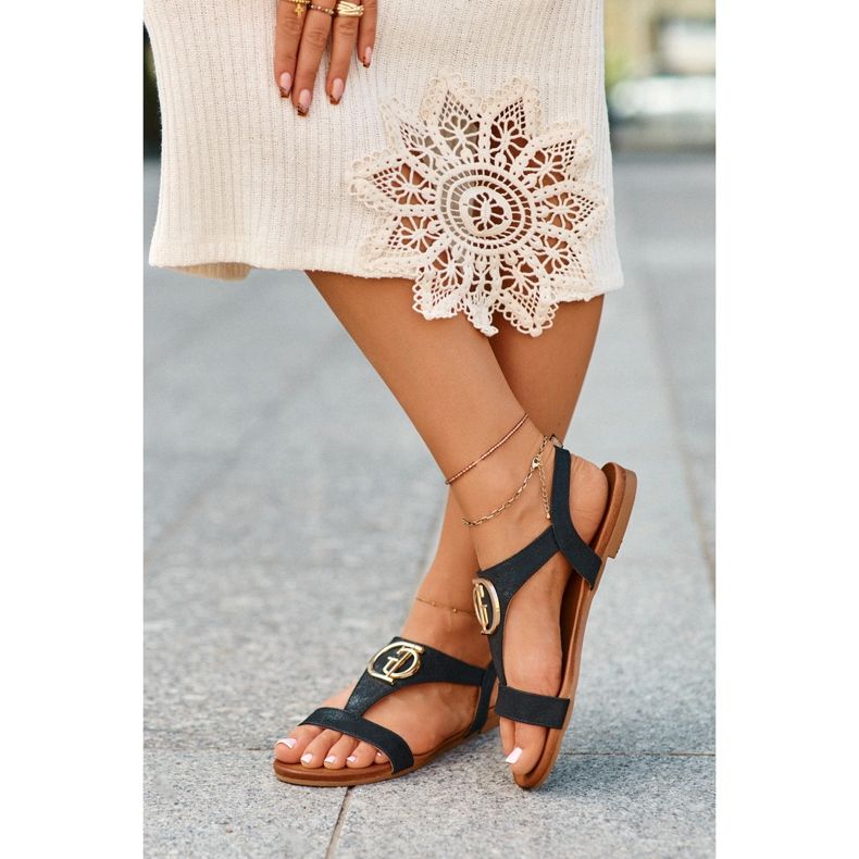 Flache Damensandalen mit Goldverzierung S.Barski KV27-051 Schwarz 1