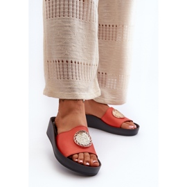 Zazoo 2920 Damen-Flip-Flops aus Leder mit Keilabsatz und goldenen Details, Orange 2