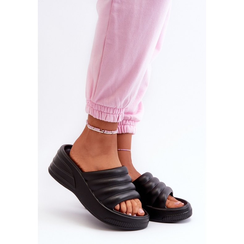 Leichte Damen-Flip-Flops aus Schaumstoff mit Keilabsatz und Plateau, Black Tendrea schwarz 1