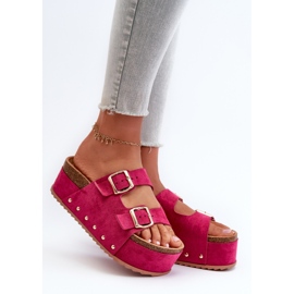 Damen-Flip-Flops auf massivem Plateau mit Schnallen, Fuchsia Cremila rosa 1