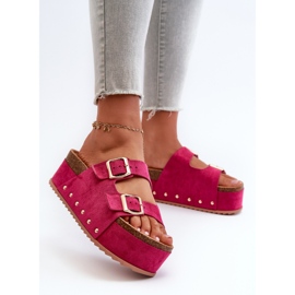Damen-Flip-Flops auf massivem Plateau mit Schnallen, Fuchsia Cremila rosa 2