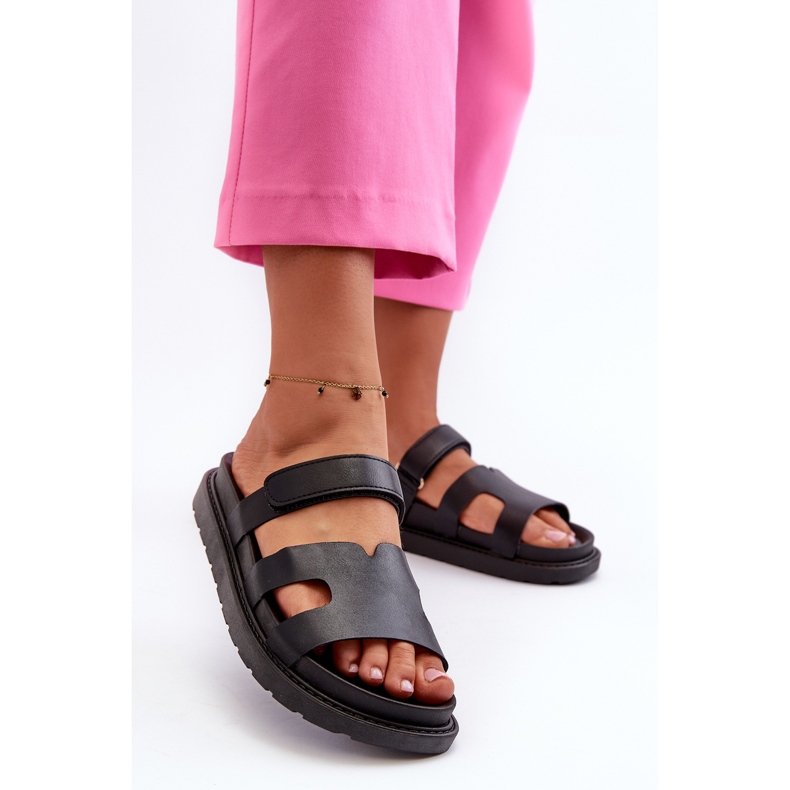 Damen-Flip-Flops aus Öko-Leder mit Klettverschluss, Black Silaka schwarz 2