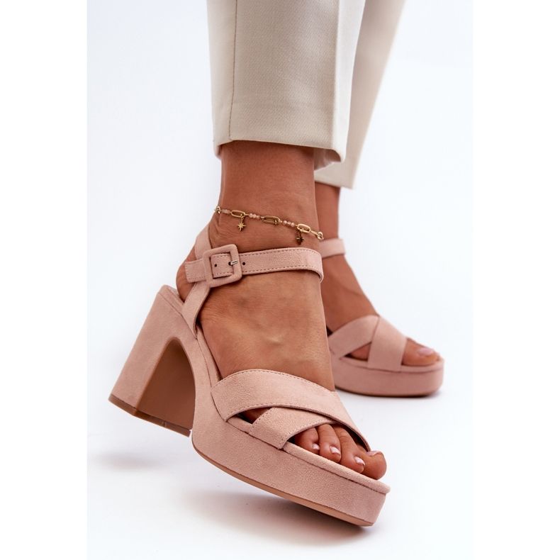 Damensandalen aus Öko-Wildleder an Absatz und Plateau, Pink Sakane rosa 2