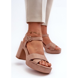 Damensandalen aus Öko-Wildleder mit hohem Absatz und Plateau, Dunkelbeige Sakane 2