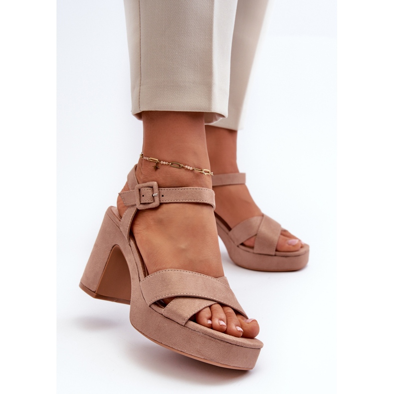 Damensandalen aus Öko-Wildleder mit hohem Absatz und Plateau, Dunkelbeige Sakane 2