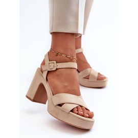 Damensandalen aus Öko-Wildleder mit hohem Absatz und Plateau, hellbeige Sakane 2