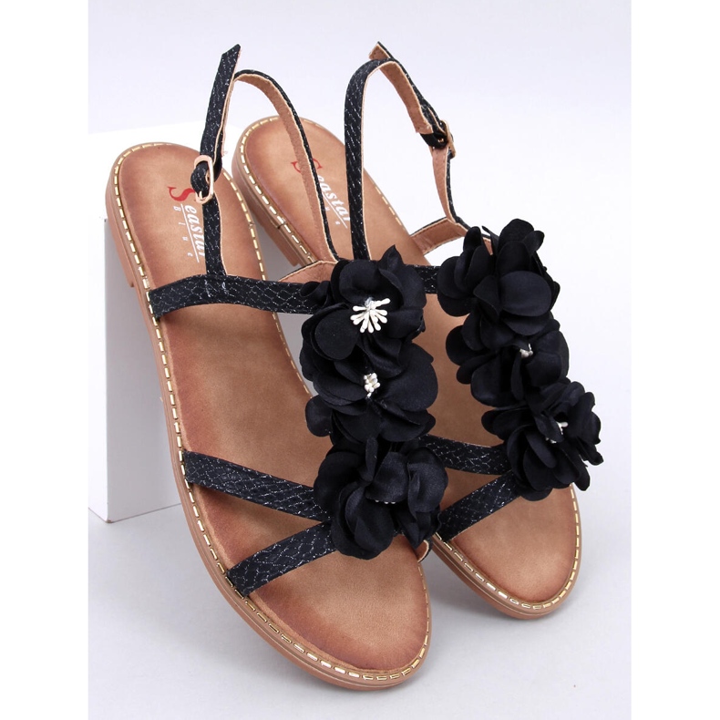 Amaur Schwarze Sandalen mit zarten Blumen 1