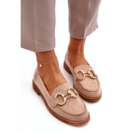 Vinceza Damen-Mokassins aus beigem Wildleder mit Goldverzierung 2