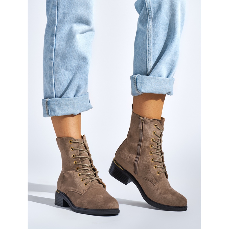 Beigefarbene Damen-Schnürstiefeletten mit niedrigem Absatz 1