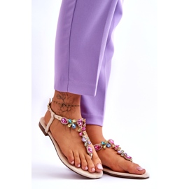 Beige Wildleder-Flip-Flop-Sandalen mit Steinen 4