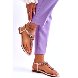 Beige Wildleder-Flip-Flop-Sandalen mit Steinen 3