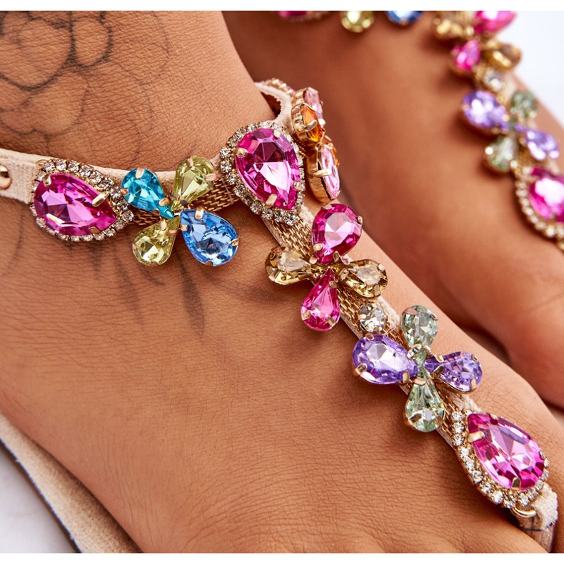 Beige Wildleder-Flip-Flop-Sandalen mit Steinen 2