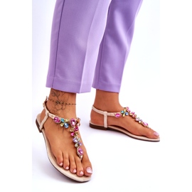 Beige Wildleder-Flip-Flop-Sandalen mit Steinen 1