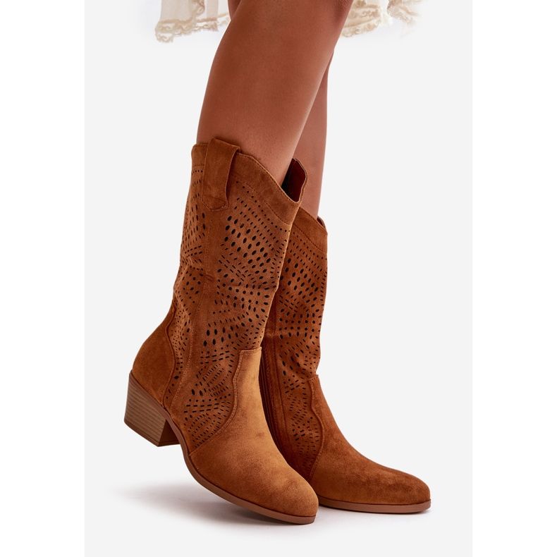 Durchbrochene Damen-Cowboystiefel mit kamelfarbenen Iceda High Heels braun 1