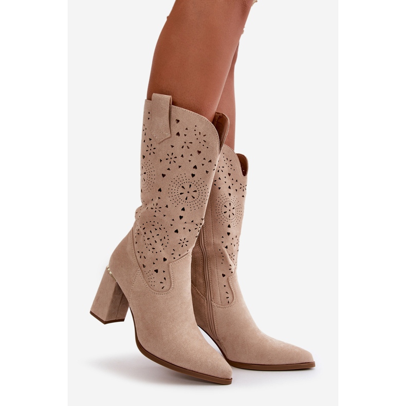 Durchbrochene Damenstiefel mit hohem Absatz und spitzen Zehen, Eco-Wildleder in Beige Nevithra 1