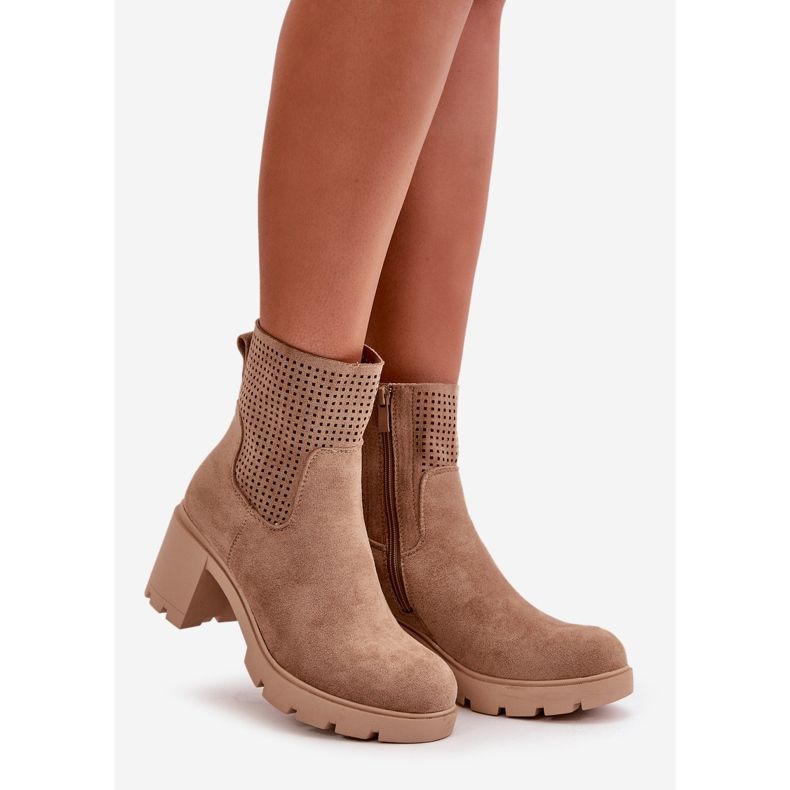Jezzi Damen-Stiefeletten mit hohem Absatz und Reißverschluss, Beige Rashmi aus Öko-Wildleder 1