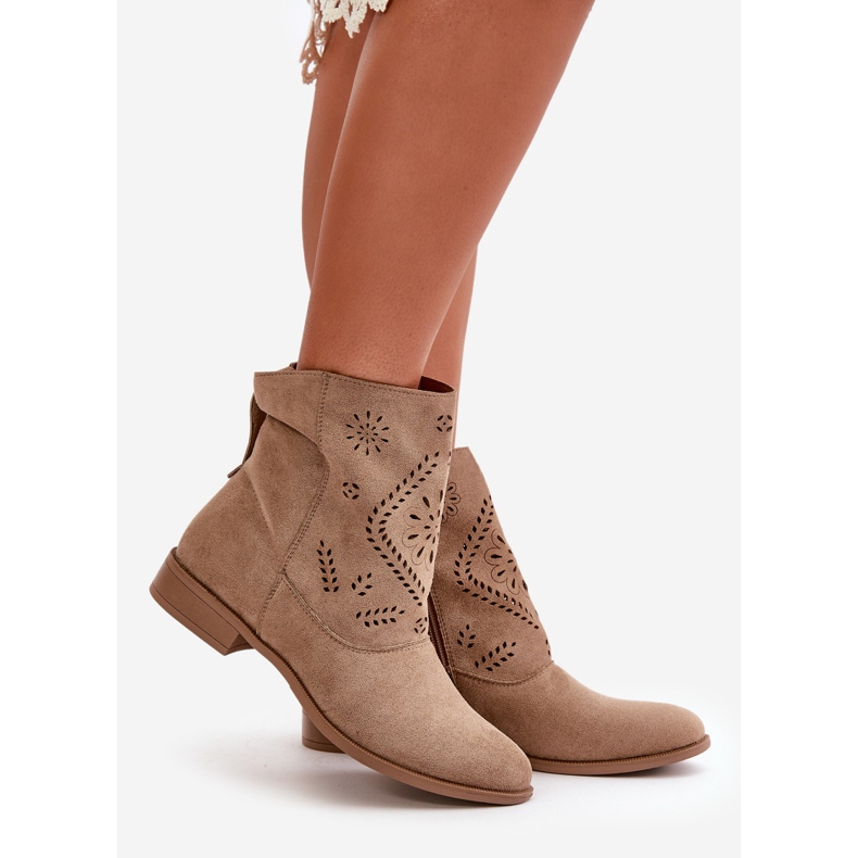 Jezzi Durchbrochene niedrige Damenstiefel mit Reißverschluss, Beige Irinette 1