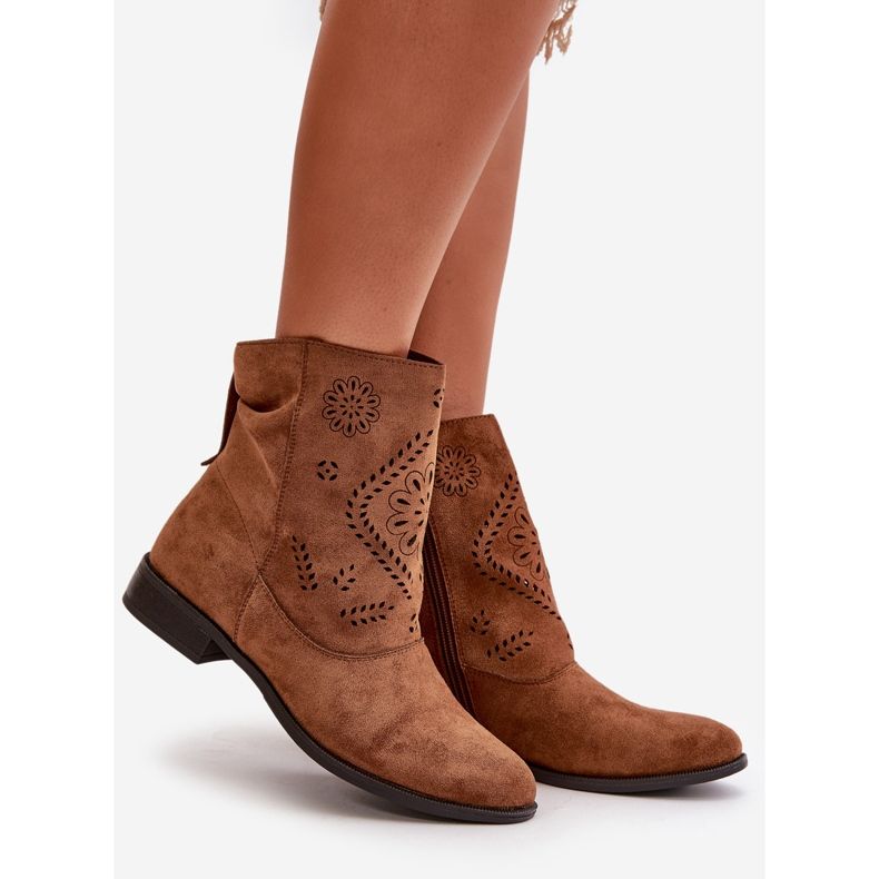 Jezzi Durchbrochene niedrige Damenstiefel mit Reißverschluss, braune Irinette 1