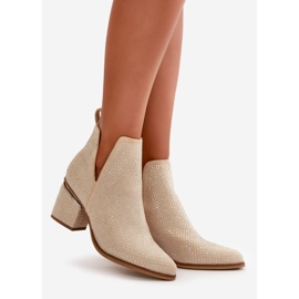 Verzierte Damenstiefel mit hohem Absatz und spitzen Zehen, Beige Fararia 1