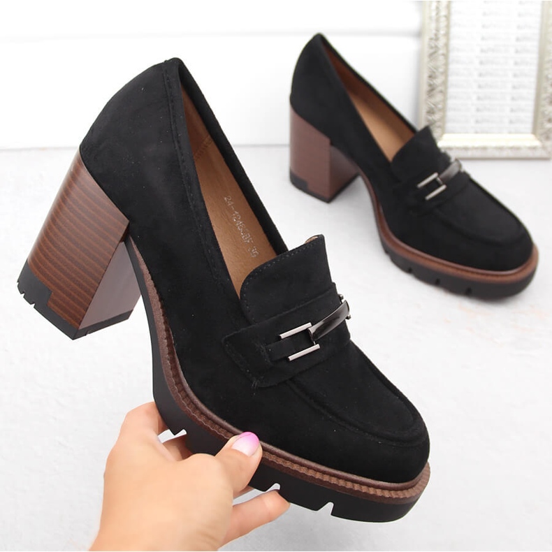 Wildlederschuhe, Damenmokassins mit hohem Absatz, schwarz Potocki 12465 1