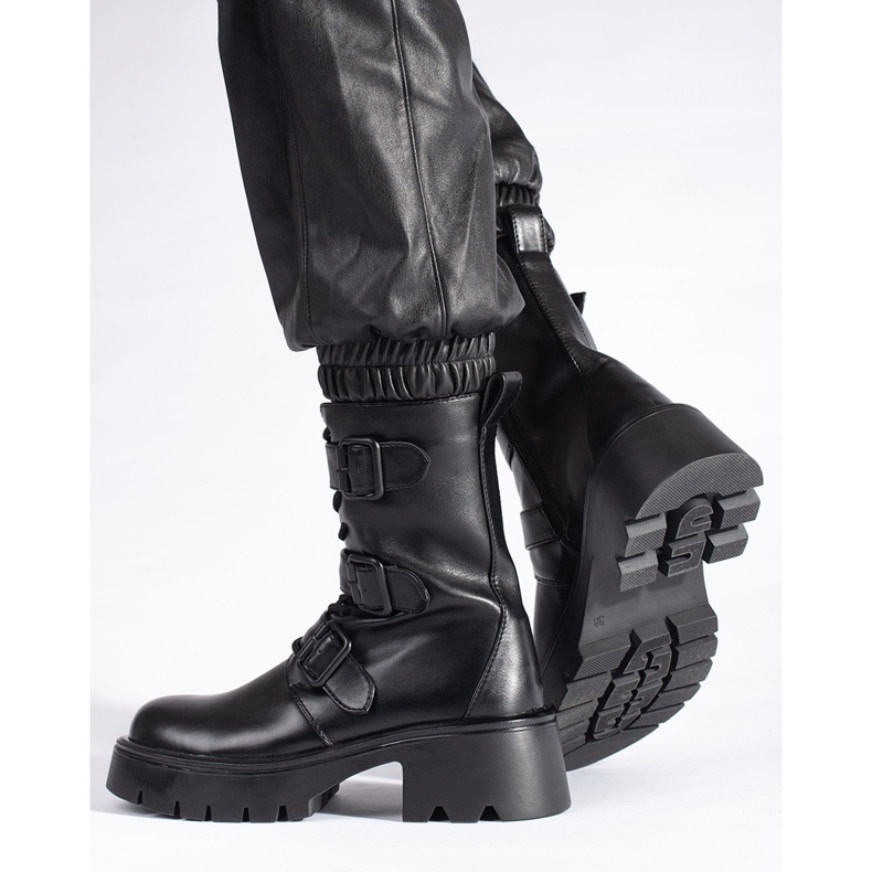 Hohe schwarze Damen-Arbeiterstiefel mit Schnallen 2