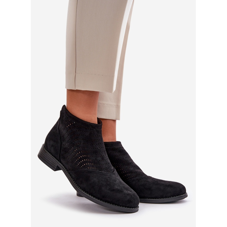 Durchbrochene Damenstiefel mit flachem Absatz, Schwarz S.Barski HY42-076 1