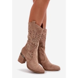 Durchbrochene Cowboystiefel für Damen mit hohen Absätzen, Öko-Wildleder, Beige S.Barski HY42-028 1