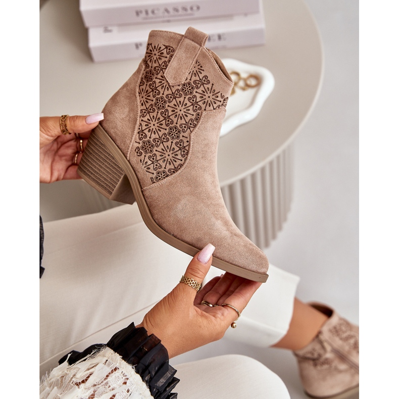 Durchbrochene Cowboystiefel mit Reißverschluss, Öko-Wildleder, Beige S.Barski HY42-944 2