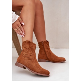 Durchbrochene Damenstiefel mit flachem Absatz, Kamelbraun S.Barski HY42-135 2