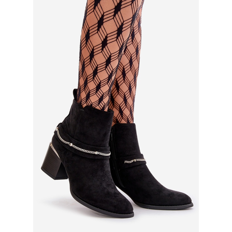 Isolierte Damen-Stiefeletten mit hohem Absatz und Kette, Öko-Wildleder, Schwarz, Hanalen 1