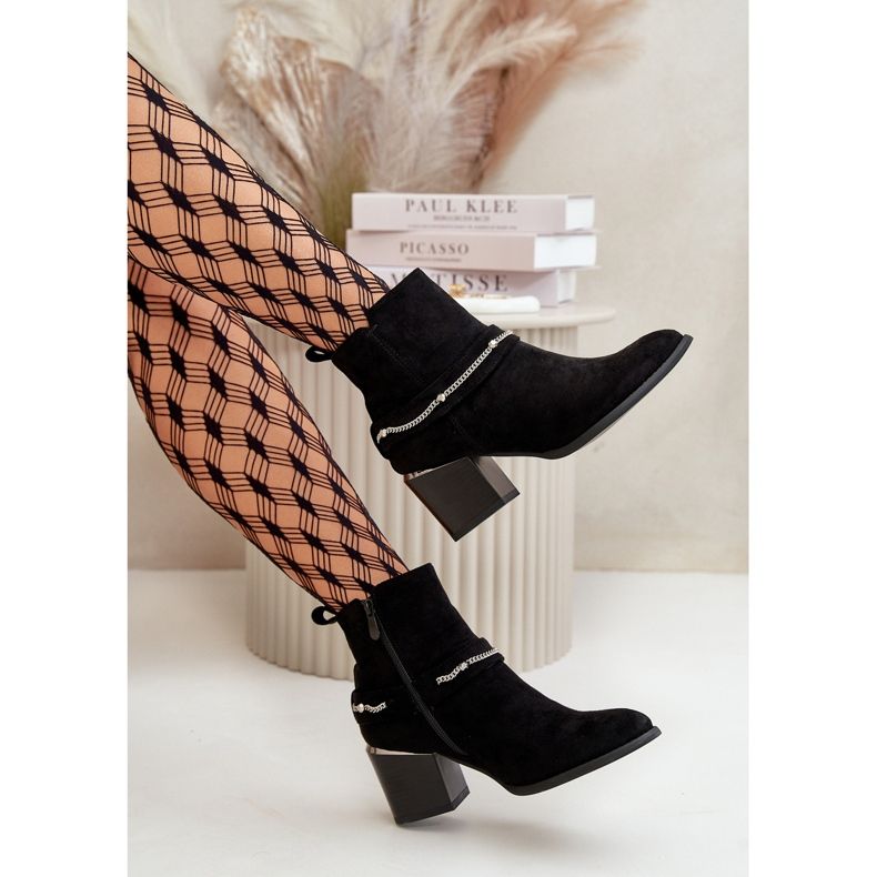 Isolierte Damen-Stiefeletten mit hohem Absatz und Kette, Öko-Wildleder, Schwarz, Hanalen 2