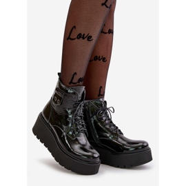 Zazoo 60499 Lack-Damenstiefel mit Plateau und Keilabsatz, warmes Naturleder, dunkelgrün schwarz 1