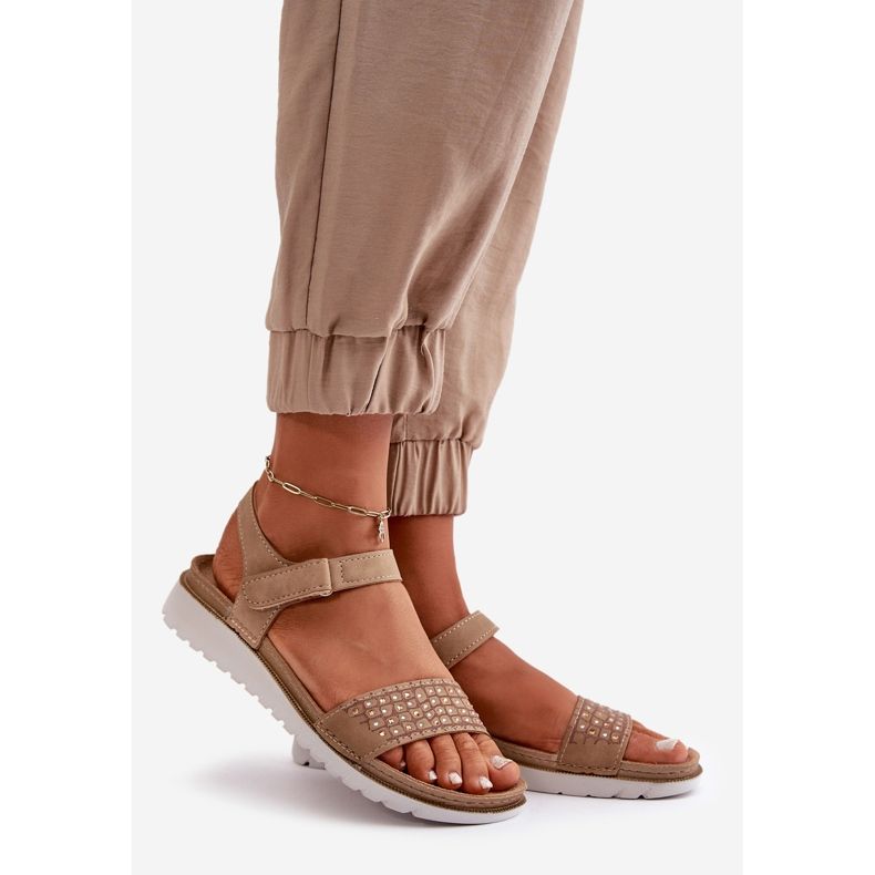 Leichte und bequeme verzierte Damensandalen mit Klettverschluss, Dunkelbeige Inblu CN000039 1