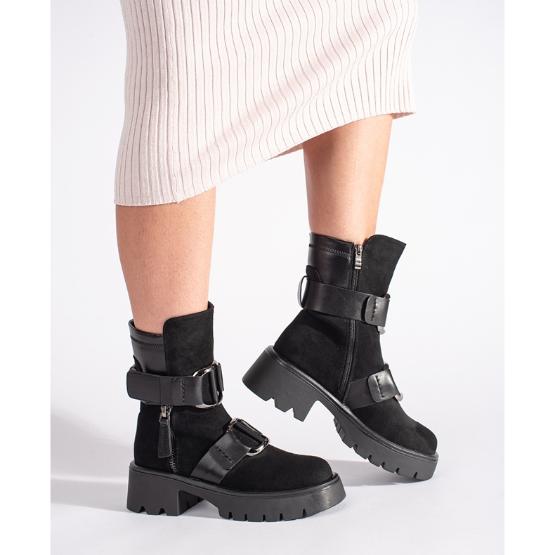 Goodin Damenstiefeletten aus schwarzem Wildleder mit Schnallen 1