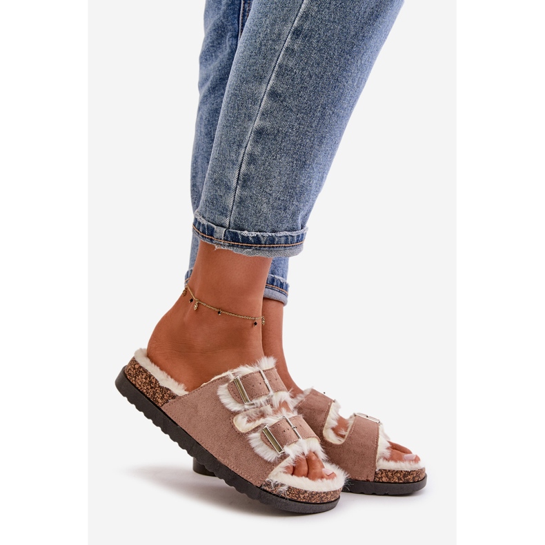 Damenhausschuhe Flip-Flops mit Schnallen und Fell Beige Ezilena 1