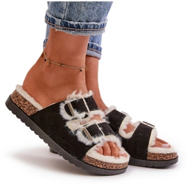 Damen-Hausschuhe Flip-Flops mit Schnallen und Fell, Schwarz Ezilena 9