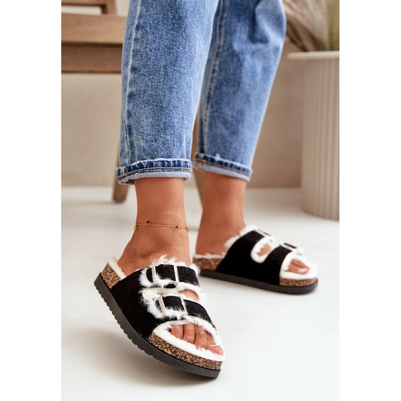 Damen-Hausschuhe Flip-Flops mit Schnallen und Fell, Schwarz Ezilena 2