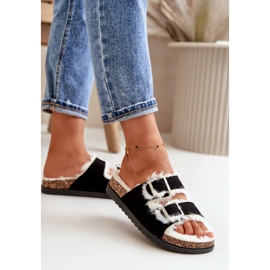 Damen-Hausschuhe Flip-Flops mit Schnallen und Fell, Schwarz Ezilena 3