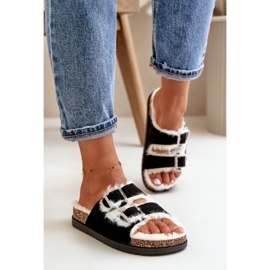 Damen-Hausschuhe Flip-Flops mit Schnallen und Fell, Schwarz Ezilena 5