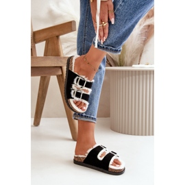 Damen-Hausschuhe Flip-Flops mit Schnallen und Fell, Schwarz Ezilena 6