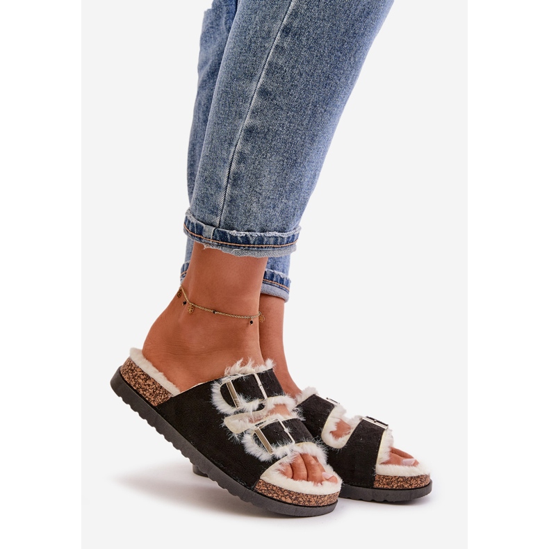 Damen-Hausschuhe Flip-Flops mit Schnallen und Fell, Schwarz Ezilena 1